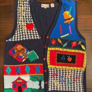VTG Teacher sweater vest - apples school house books